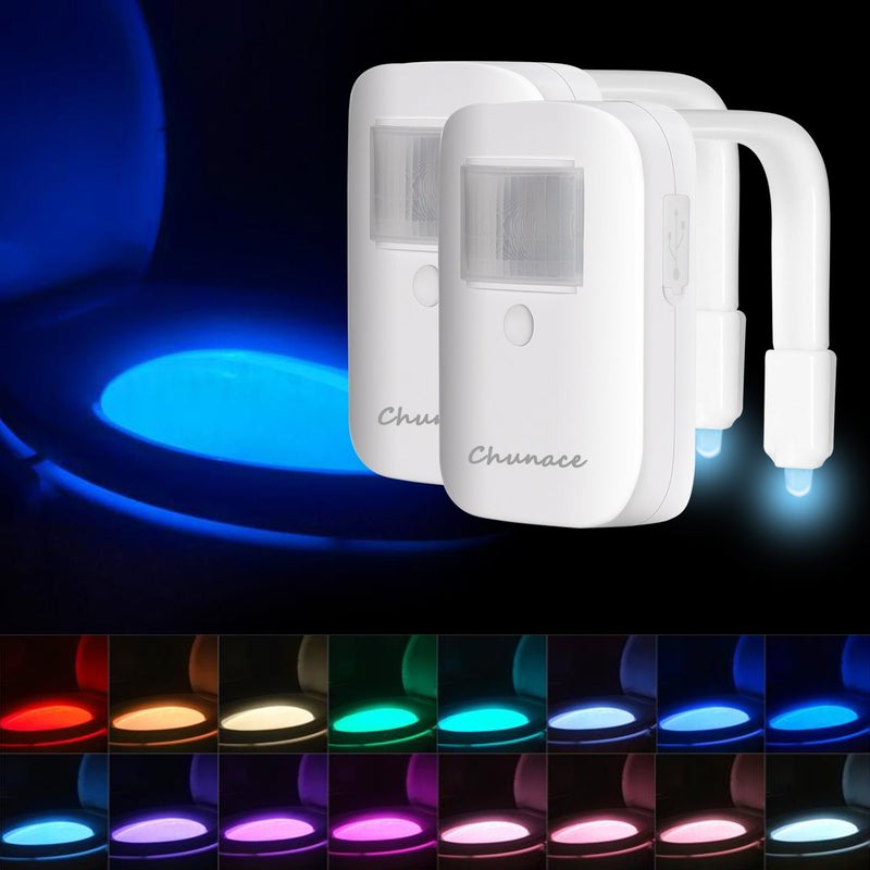 Chunace 2 Pack Rechargeable Toilet Night Light with Motion Activated Sensor, 16 Colors LED Nightlight Inside Bowl, Cool Stuff for Bathroom Accessories, Unique & Funny Gadgets for Men/Kids Birthday Gift 2025 - Image 1